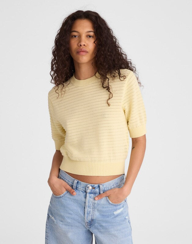 Textural-Stitch Crewneck Sweater in 100% Cotton SHEER PINEAPPLE