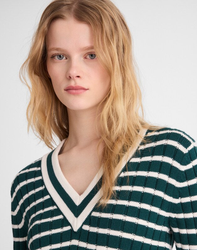 Striped Shrunken V-Neck Varsity Sweater SPRUCE AND IVORY STRIPE
