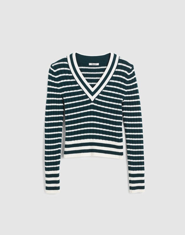 Striped Shrunken V-Neck Varsity Sweater SPRUCE AND IVORY STRIPE