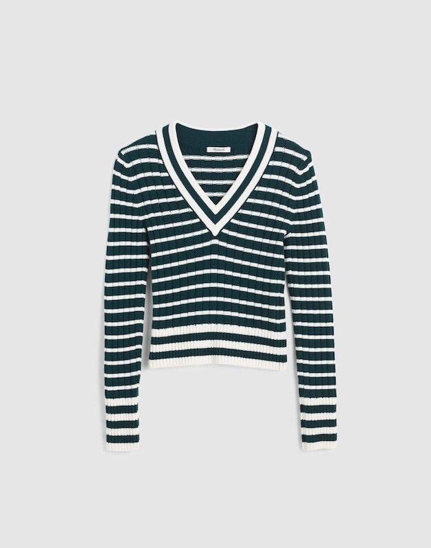 Striped Shrunken V-Neck Varsity Sweater SPRUCE AND IVORY STRIPE
