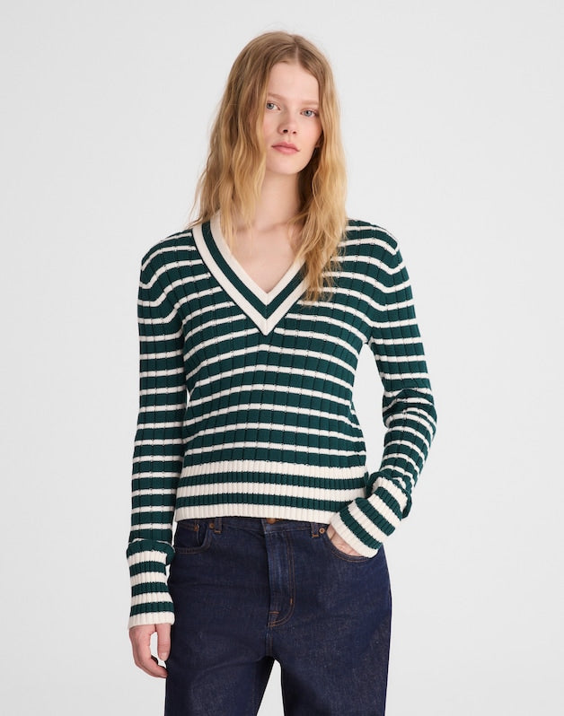 Striped Shrunken V-Neck Varsity Sweater SPRUCE AND IVORY STRIPE
