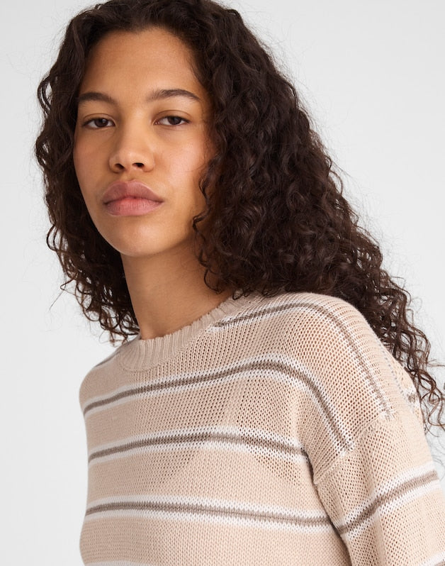 Drop-Shoulder Sweater in 100% Linen HTHR OAT MULTI STRIPE