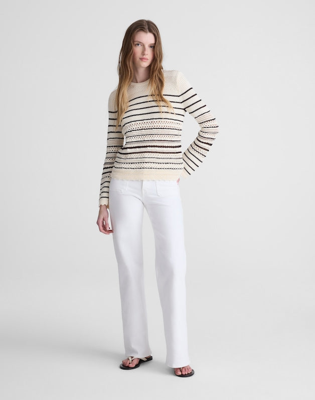 Striped Open-Stitch Sweater in 100% Cotton IVORY AND CHOCOLATE STRIPE