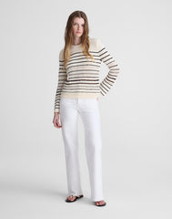 Striped Open-Stitch Sweater in 100% Cotton IVORY AND CHOCOLATE STRIPE