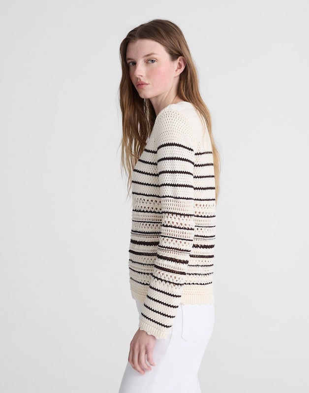 Striped Open-Stitch Sweater in 100% Cotton IVORY AND CHOCOLATE STRIPE