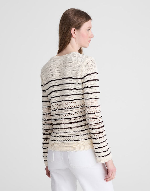 Striped Open-Stitch Sweater in 100% Cotton IVORY AND CHOCOLATE STRIPE