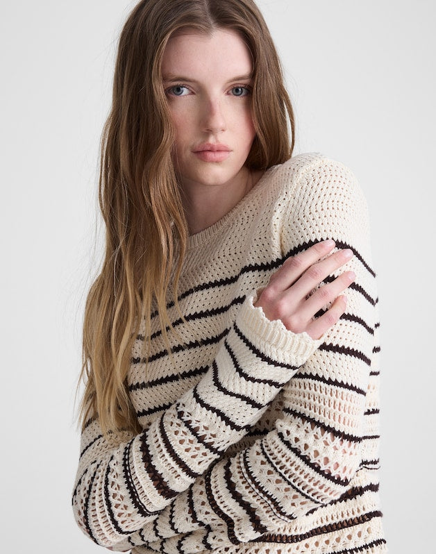 Striped Open-Stitch Sweater in 100% Cotton IVORY AND CHOCOLATE STRIPE