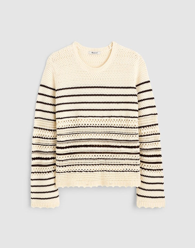 Striped Open-Stitch Sweater in 100% Cotton IVORY AND CHOCOLATE STRIPE