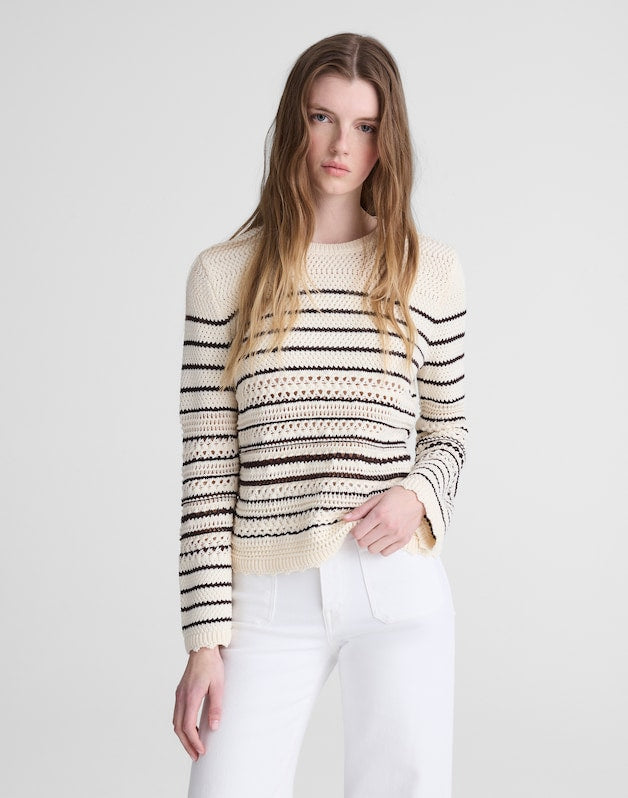 Striped Open-Stitch Sweater in 100% Cotton IVORY AND CHOCOLATE STRIPE