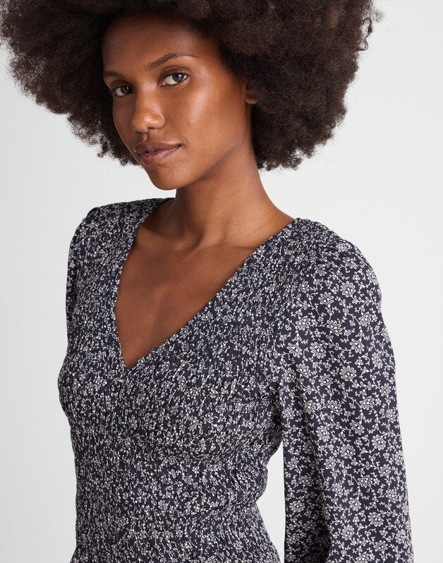 Smocked V-Neck Midi Dress CLASSIC NAVY