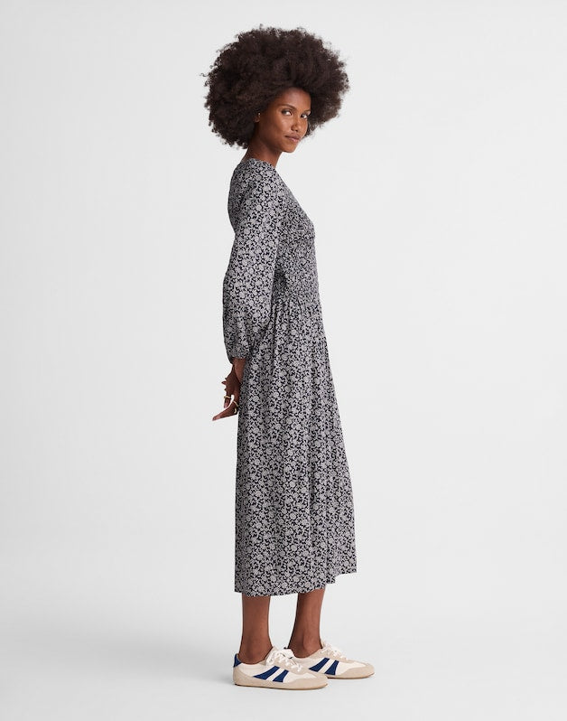Smocked V-Neck Midi Dress CLASSIC NAVY