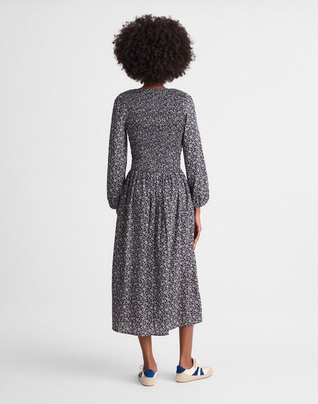 Smocked V-Neck Midi Dress CLASSIC NAVY