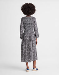 Smocked V-Neck Midi Dress CLASSIC NAVY