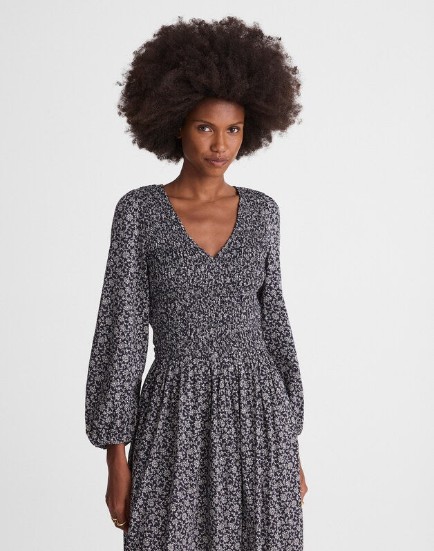 Smocked V-Neck Midi Dress CLASSIC NAVY