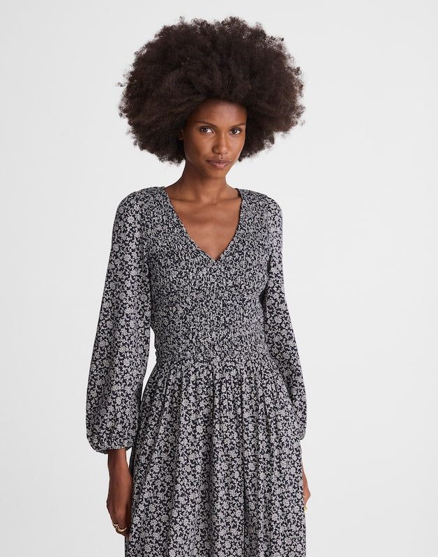 Smocked V-Neck Midi Dress CLASSIC NAVY
