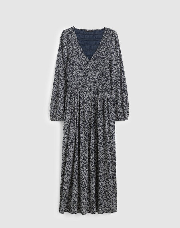 Smocked V-Neck Midi Dress CLASSIC NAVY