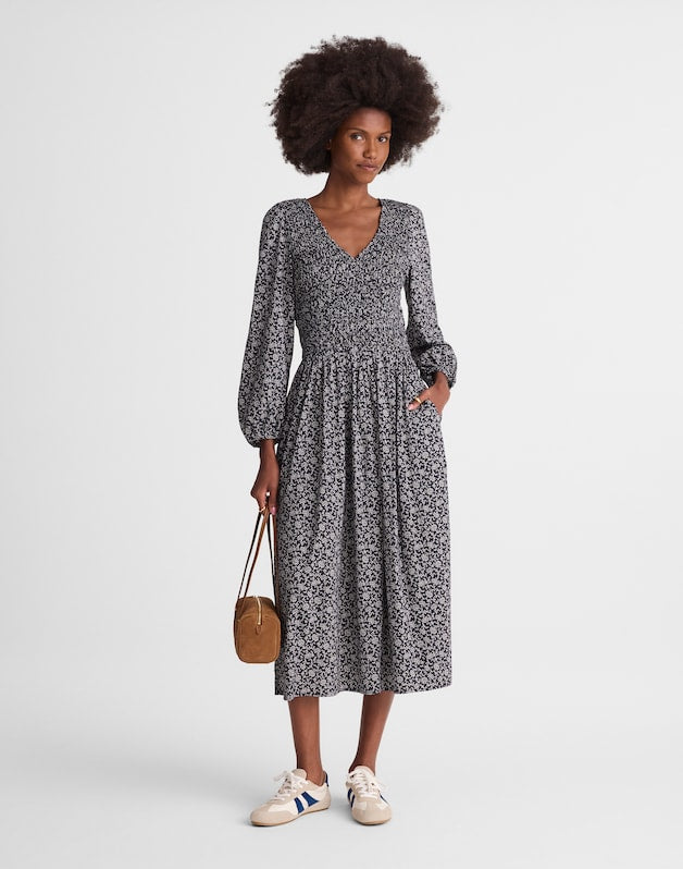 Smocked V-Neck Midi Dress CLASSIC NAVY