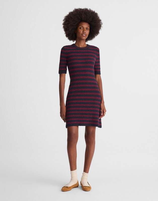 Ribbed A-Line Mini Dress NAVY AND RED MINI STRIPE