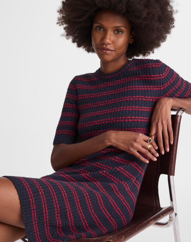 Ribbed A-Line Mini Dress NAVY AND RED MINI STRIPE