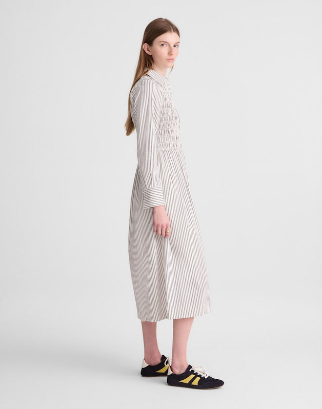 Smocked Midi Shirtdress in Poplin WHITE BLACK STRIPE