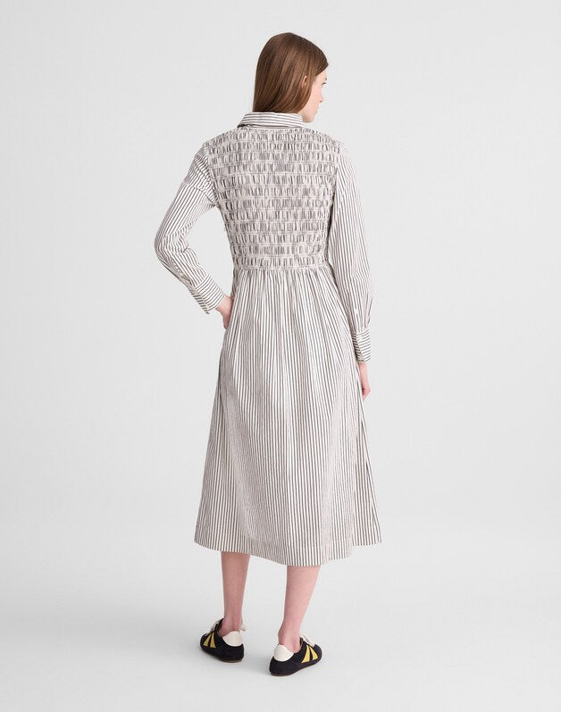 Smocked Midi Shirtdress in Poplin WHITE BLACK STRIPE