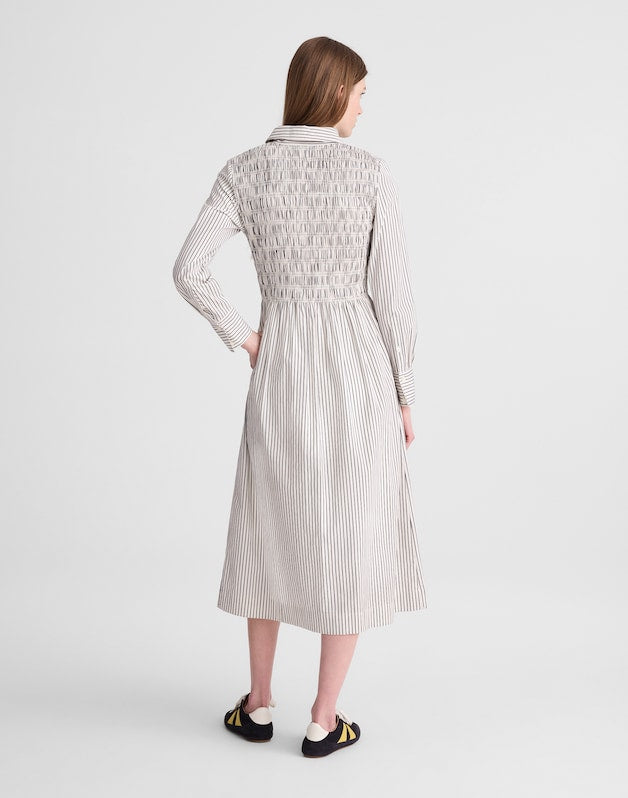 Smocked Midi Shirtdress in Poplin WHITE BLACK STRIPE