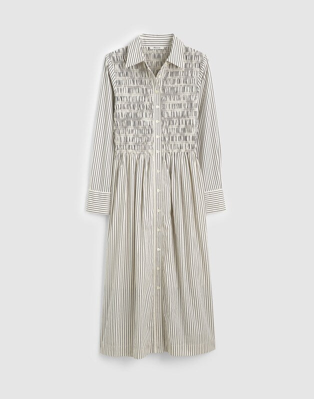Smocked Midi Shirtdress in Poplin WHITE BLACK STRIPE