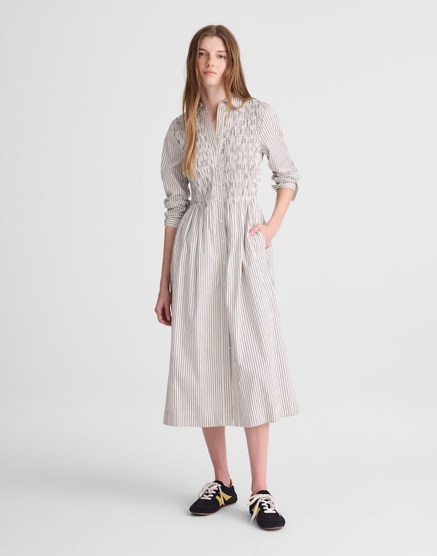 Smocked Midi Shirtdress in Poplin WHITE BLACK STRIPE