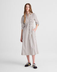 Smocked Midi Shirtdress in Poplin WHITE BLACK STRIPE