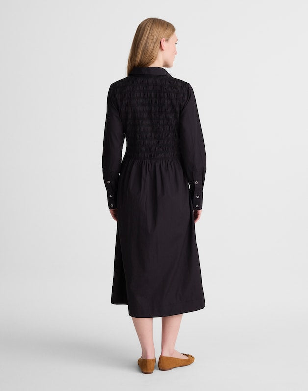 Smocked Midi Shirtdress in Poplin JET BLACK
