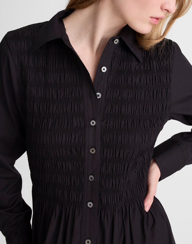 Smocked Midi Shirtdress in Poplin JET BLACK