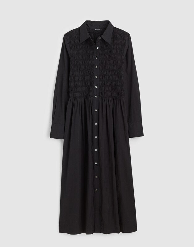 Smocked Midi Shirtdress in Poplin JET BLACK