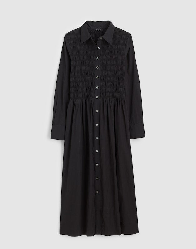 Smocked Midi Shirtdress in Poplin JET BLACK