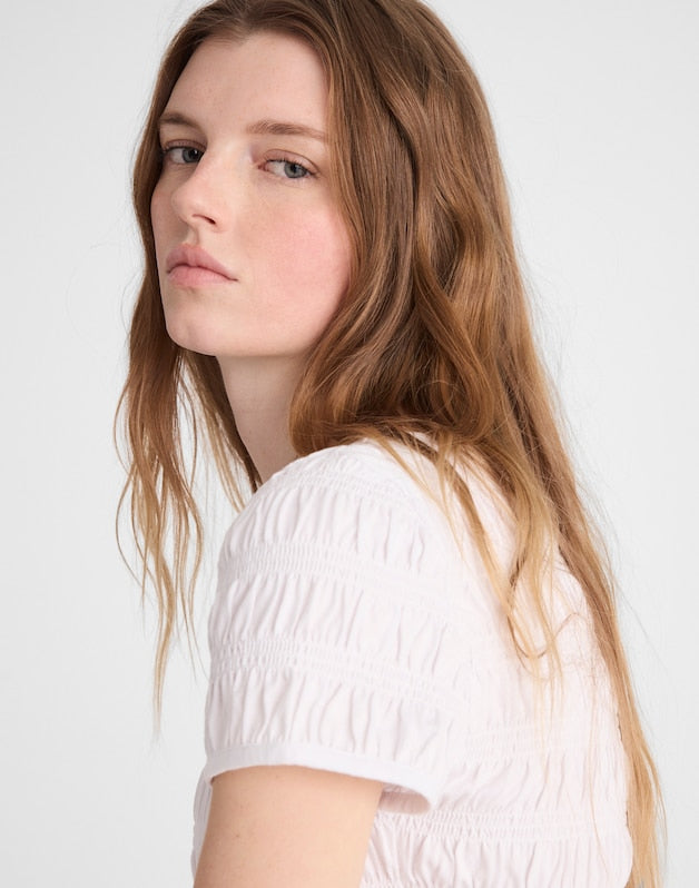 Smocked Short-Sleeve Top WHITE
