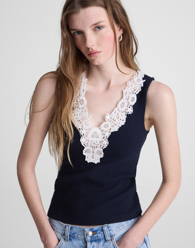 Lace-Trim V-Neck Tank CLASSIC NAVY