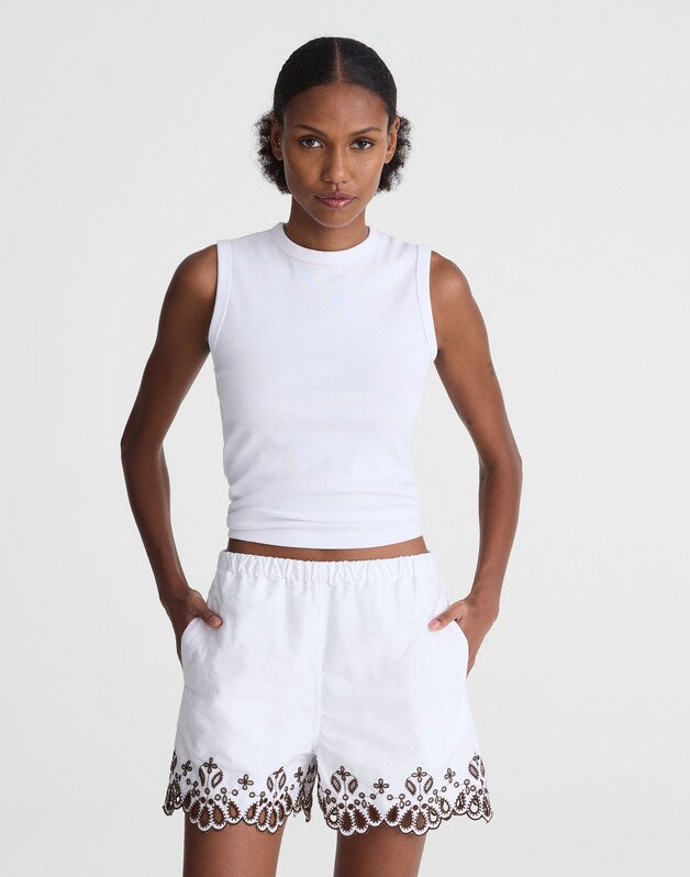 Embroidered Pull-On Shorts in Poplin WHITE