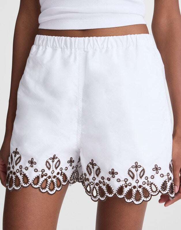 Embroidered Pull-On Shorts in Poplin WHITE