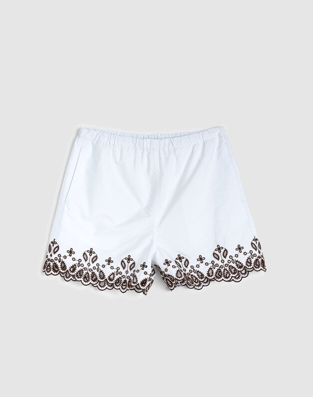 Embroidered Pull-On Shorts in Poplin WHITE