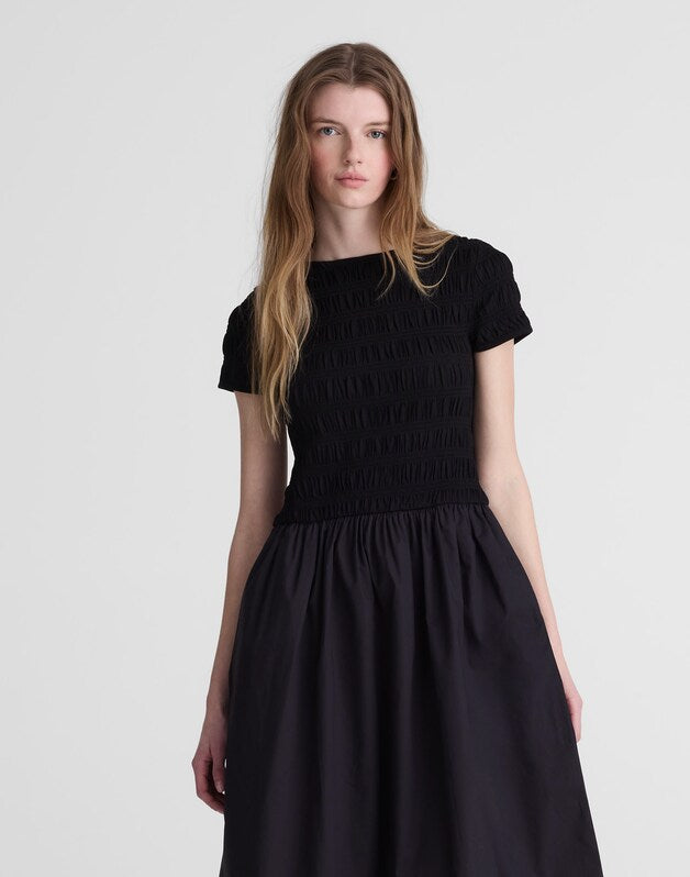 Smocked Boatneck Midi Dress JET BLACK