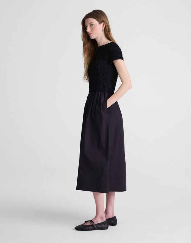 Smocked Boatneck Midi Dress JET BLACK