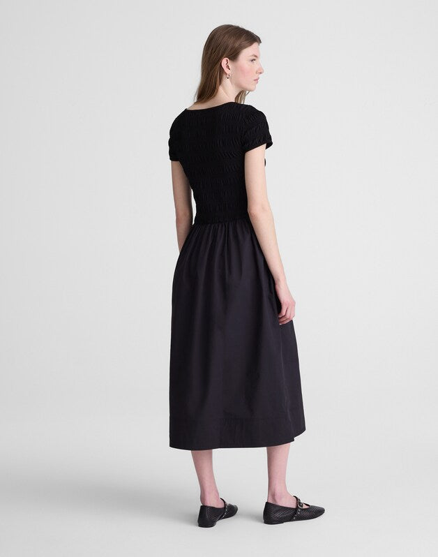 Smocked Boatneck Midi Dress JET BLACK