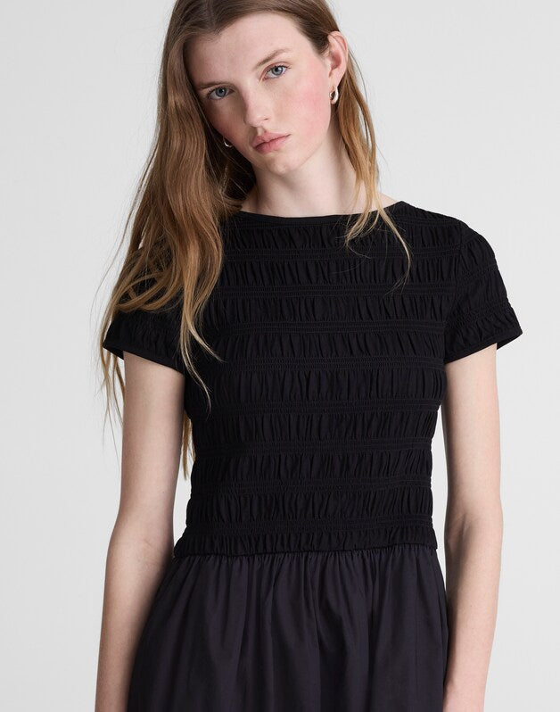 Smocked Boatneck Midi Dress JET BLACK