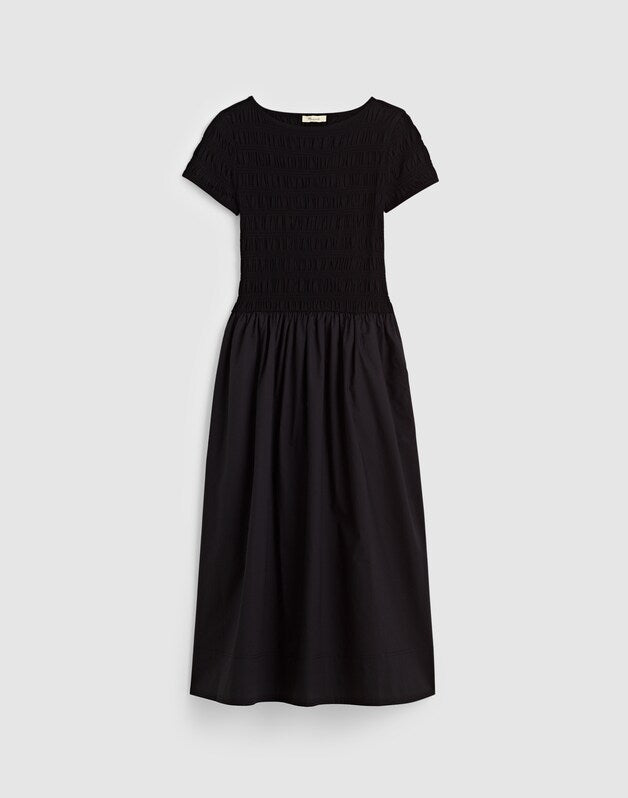 Smocked Boatneck Midi Dress JET BLACK
