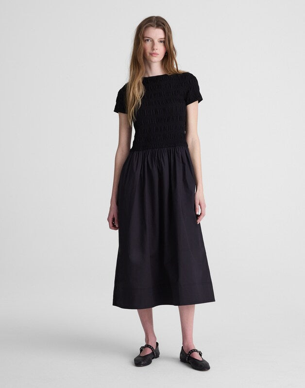 Smocked Boatneck Midi Dress JET BLACK