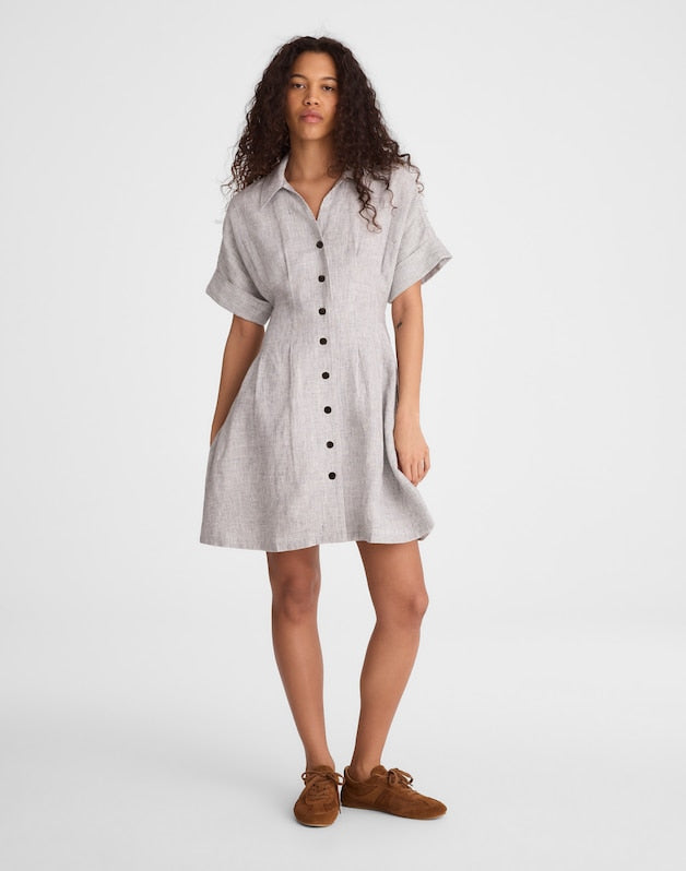 The Perry Mini Shirtdress in 100% Linen BLACK WHITE MINI STRIPE