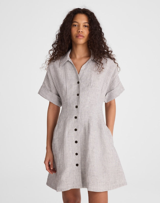 The Perry Mini Shirtdress in 100% Linen BLACK WHITE MINI STRIPE