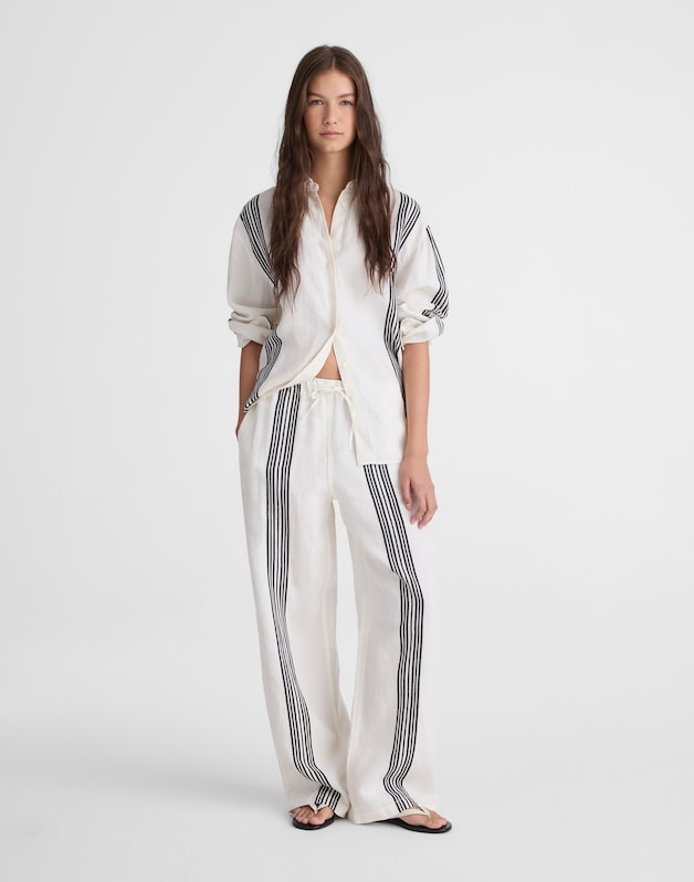 Pull-On Pants in Linen Blend BOLD PLACEMENT STRIPE BLACK