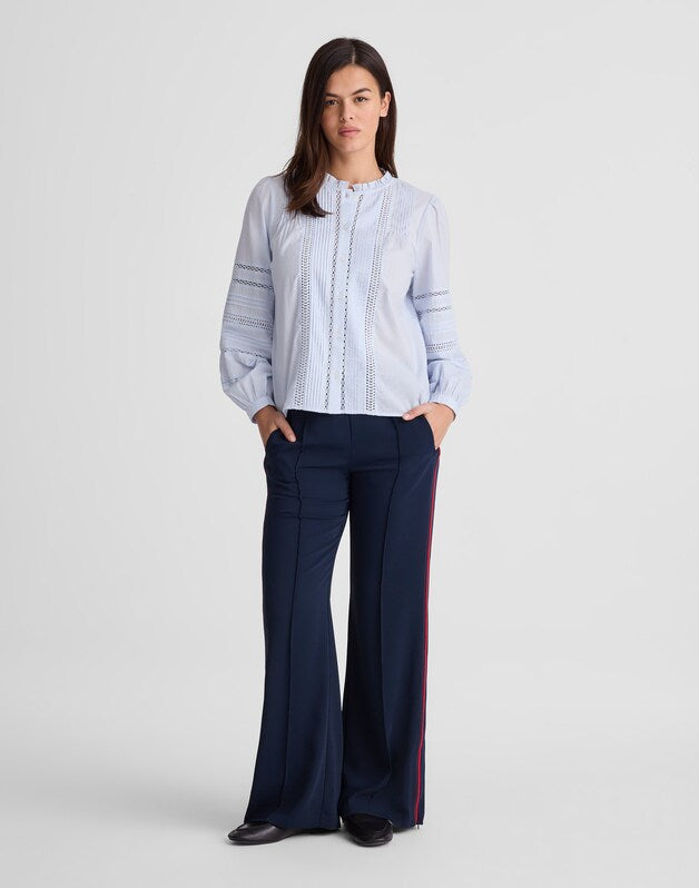 Lace-Insert High-Neck Pintuck Top SOFT BLUE
