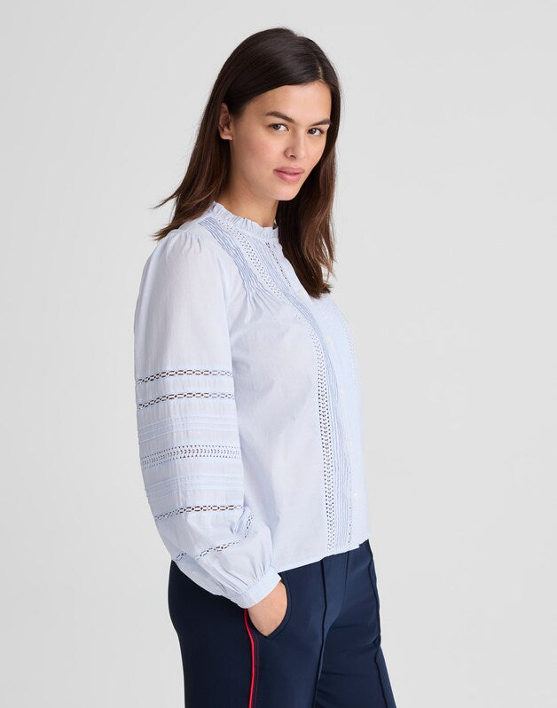 Lace-Insert High-Neck Pintuck Top SOFT BLUE