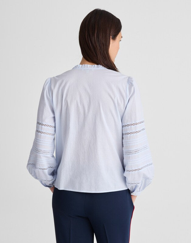 Lace-Insert High-Neck Pintuck Top SOFT BLUE